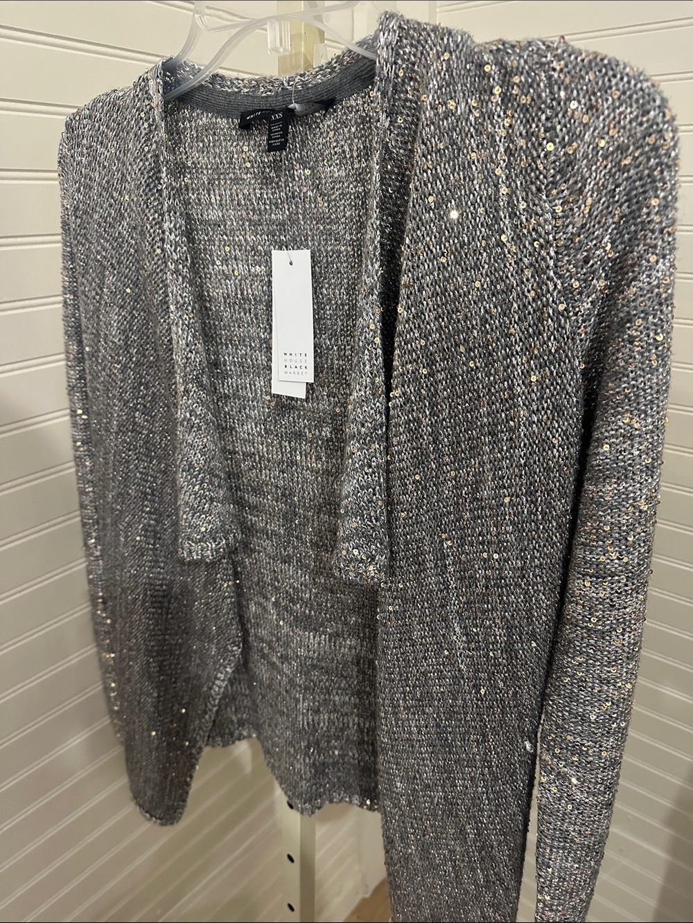 White House Black Market Sweater Metallic Knit Open Cardigan Gray Silver XXS New
